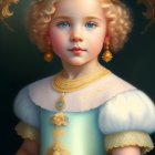 Young child with blond curly hair in blue dress with ruffles and tiara