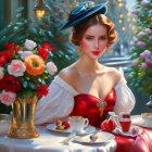 Woman in elegant attire with red accents at floral-decorated table exudes vintage, romantic vibe