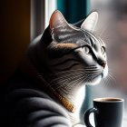 Pensive cat with chain collar sitting by window with coffee cup