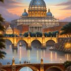 Serene river sunset with arch bridges, domed building, bird, and horse