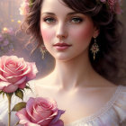 Portrait of woman with floral crown and pink rose in soft lighting