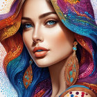 Vibrant rainbow-colored hair woman with floral arrangement and blue eyes