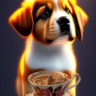 Glossy-eyed puppy with golden glow gazing at sweets in crystal bowl