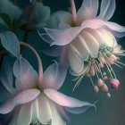 Delicate white blossoms with pink speckled centers on dark background