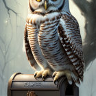 Anthropomorphized owl perched on mailbox in snowfall