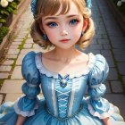 Realistic young girl digital art in blue vintage dress with lace details