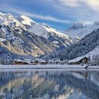 Snow-covered Trees and Reflective Lake in Winter Scene