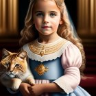 Young girl in blue dress with tiara sitting with ginger and white cat against ornate red curtains