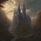 Gothic Cathedral in Autumn Forest with Misty Stream