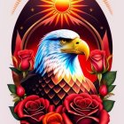 Colorful Eagle Illustration in Oval Frame with Roses and Sunset Background