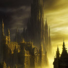 Mystical landscape with towering spires and pagoda-style structures amid foggy cliffs