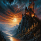 Majestic fantasy castle on rocky cliff at sunset