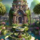 Enchanting fairy tale tower in manicured garden landscape