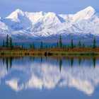 Scenic snow-capped mountains reflected in calm lake