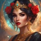 Portrait of woman with golden crown, roses, jewelry, makeup, and blue gemstone