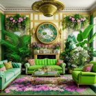 Luxurious Green Sofas in Opulent Room with Gold-Trimmed Walls