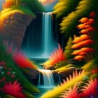 Surreal landscape with large waterfall in autumn forest