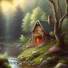 Cozy cabin by stream in serene forest with red bird and mystical mountain