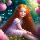 Red-haired woman with floral wreath in mystical setting.