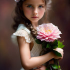 Young girl with wavy hair in floral headpiece holding pink rose in white lace dress