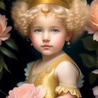 Young child in golden crown and yellow dress with pink rose, surrounded by blooming flowers