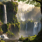 Tranquil waterfall in lush cliffs with traditional pagoda under warm light