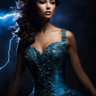 Woman in Blue Embellished Dress with Dramatic Lightning