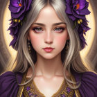 Digital Artwork: Woman with Silver Hair, Purple Flowers, Golden Earrings, and Embroidered