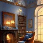 Luxurious Blue Room with Fireplace and Antique Chair