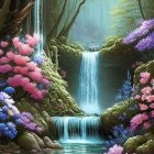 Tranquil waterfall, pond, lush foliage, pink and purple flowers in misty forest