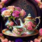 Floral Tea Set with Rose Patterns and Bouquet