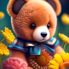 Illustration of red panda with large eyes and blue ribbon among vibrant flowers