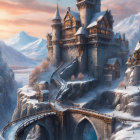 Majestic castle on snowy cliff under golden sunset skies