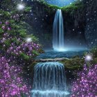 Tranquil waterfall surrounded by lush greenery and pink blooms