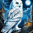 White eagle with blue feathers perched under full moon and illuminated towers in surreal night sky