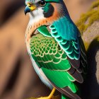 Colorful Bird with Teal Feathers and Orange Chest Perched on Rocky Surface