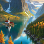 Tranquil landscape: church on island, blue lake, autumn trees, mountains, sailboat