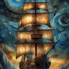 Sailing ship with unfurled sails in fantastical night sky