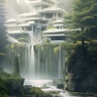 Misty forest waterfall with rock formation and serene pools