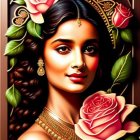 Stylized portrait of woman with long wavy hair and floral crown