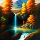 Tranquil waterfall in autumnal landscape with river and mountain