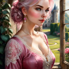 Digital illustration: Woman with pink updo, roses, elegant earrings, pink dress, gazing out