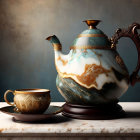 Teapot, Cup, and Saucer Set with Landscape Painting on Moody Background