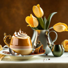 Dessert, Drink, Fruit Slices, Flowers in Still Life Composition