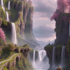 Majestic waterfalls in serene fantasy landscape