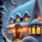 Snow-covered cottage with glowing windows in serene winter twilight