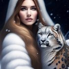 Blond woman in white cloak with lynx on starry night background