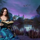 Woman in blue gown holding bird in fantasy landscape with blooming flowers and starry sky