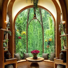 Cozy nook with arched window and forest view, red flowers, hanging plants, rustic decor