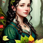 Woman with braided hair, green dress, surrounded by flowers in forest setting